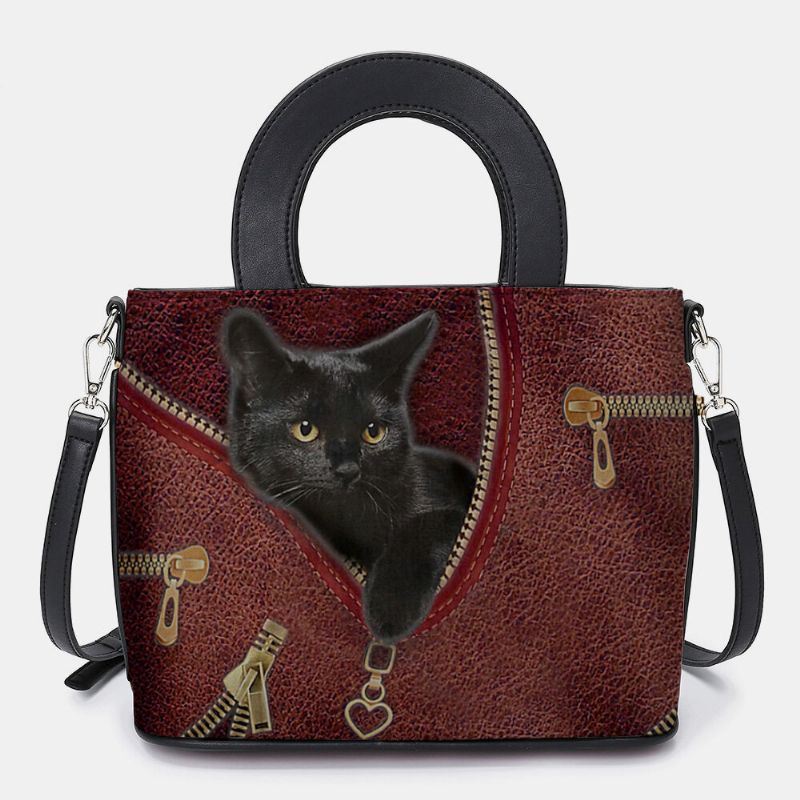 Dames Kunstleer Cartoon Zwarte Kat Patroon Multi-carry Handtas Crossbody Tas Satchel Bag