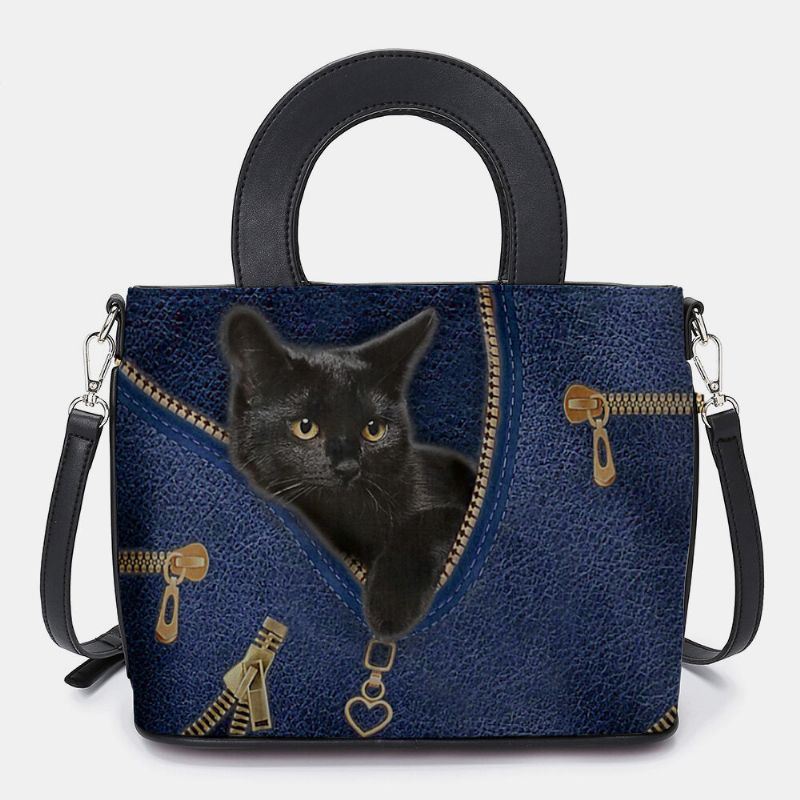 Dames Kunstleer Cartoon Zwarte Kat Patroon Multi-carry Handtas Crossbody Tas Satchel Bag