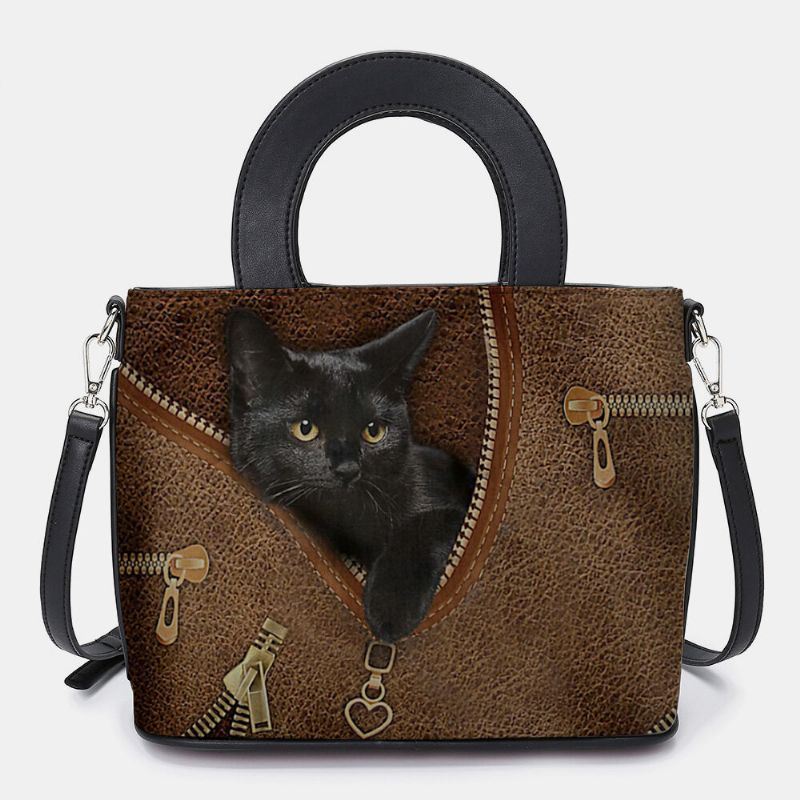 Dames Kunstleer Cartoon Zwarte Kat Patroon Multi-carry Handtas Crossbody Tas Satchel Bag