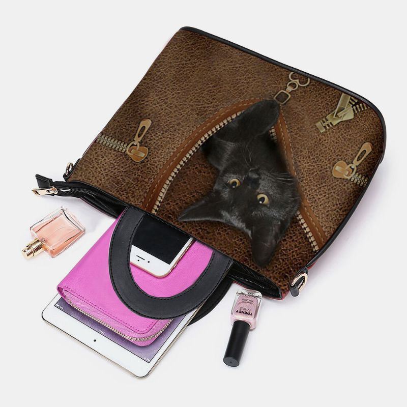 Dames Kunstleer Cartoon Zwarte Kat Patroon Multi-carry Handtas Crossbody Tas Satchel Bag