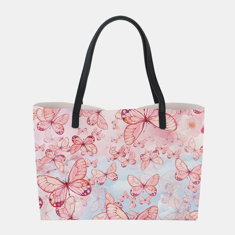 Dames Kunstleer Grote Capaciteit Bloemen Kat Vlinder Afdrukken Casual Leuke Handtas Schoudertas Emmer Tas