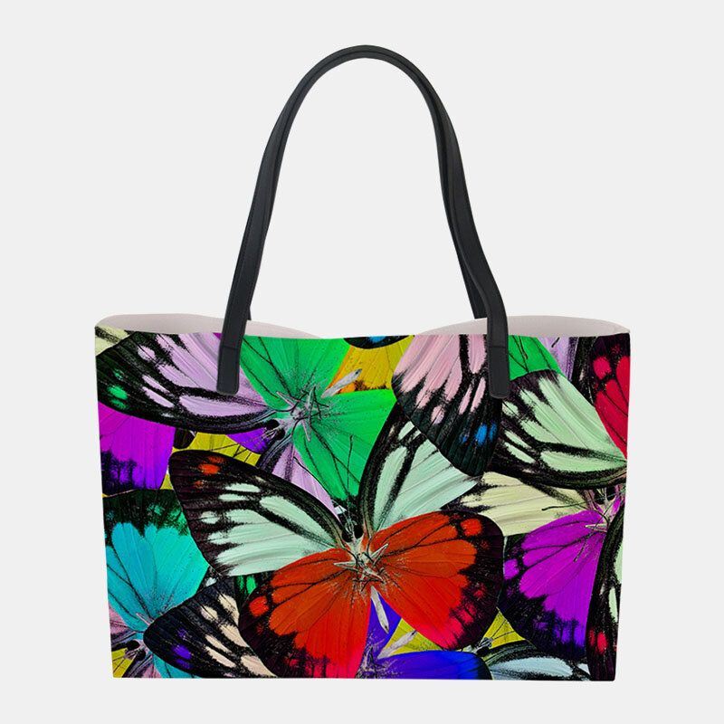 Dames Kunstleer Grote Capaciteit Bloemen Kat Vlinder Afdrukken Casual Leuke Handtas Schoudertas Emmer Tas