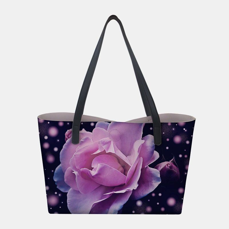 Dames Kunstleer Grote Capaciteit Bloemen Kat Vlinder Afdrukken Casual Leuke Handtas Schoudertas Emmer Tas