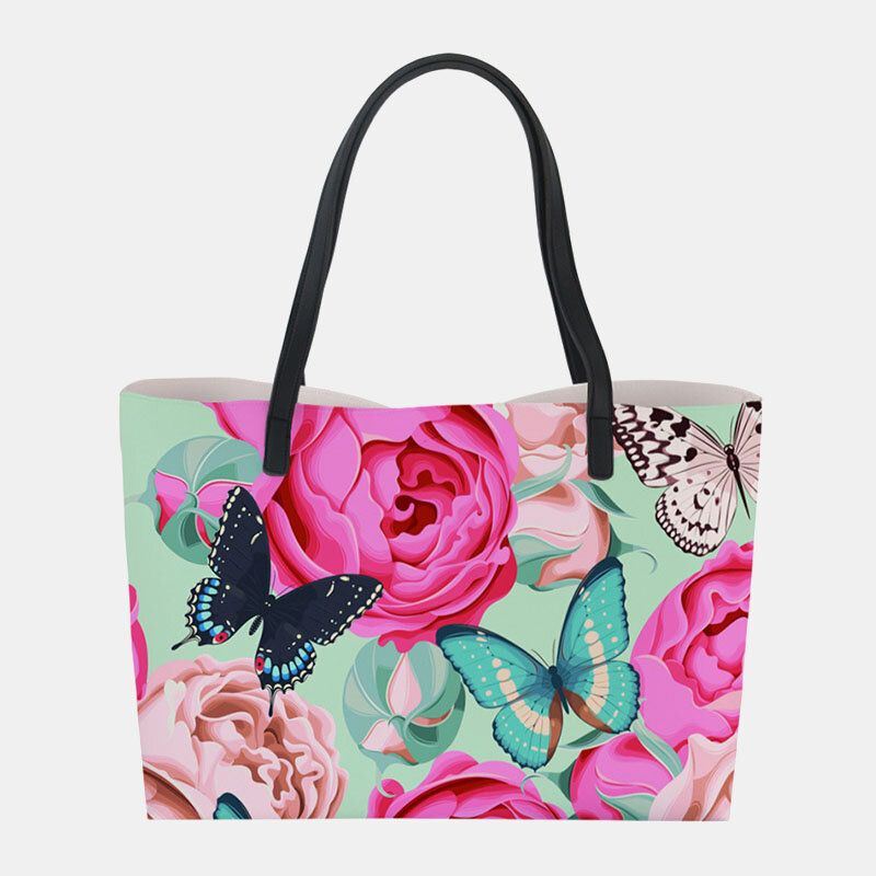 Dames Kunstleer Grote Capaciteit Bloemen Kat Vlinder Afdrukken Casual Leuke Handtas Schoudertas Emmer Tas