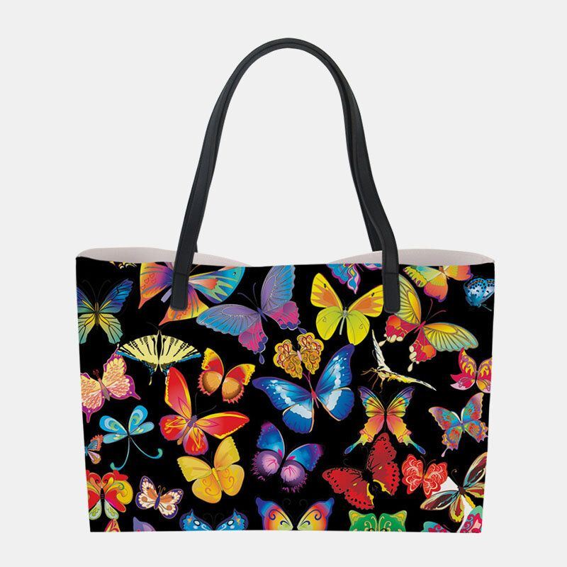 Dames Kunstleer Grote Capaciteit Bloemen Kat Vlinder Afdrukken Casual Leuke Handtas Schoudertas Emmer Tas