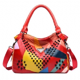 Dames Lederen Klinknagel Mode Patchwork Handtas