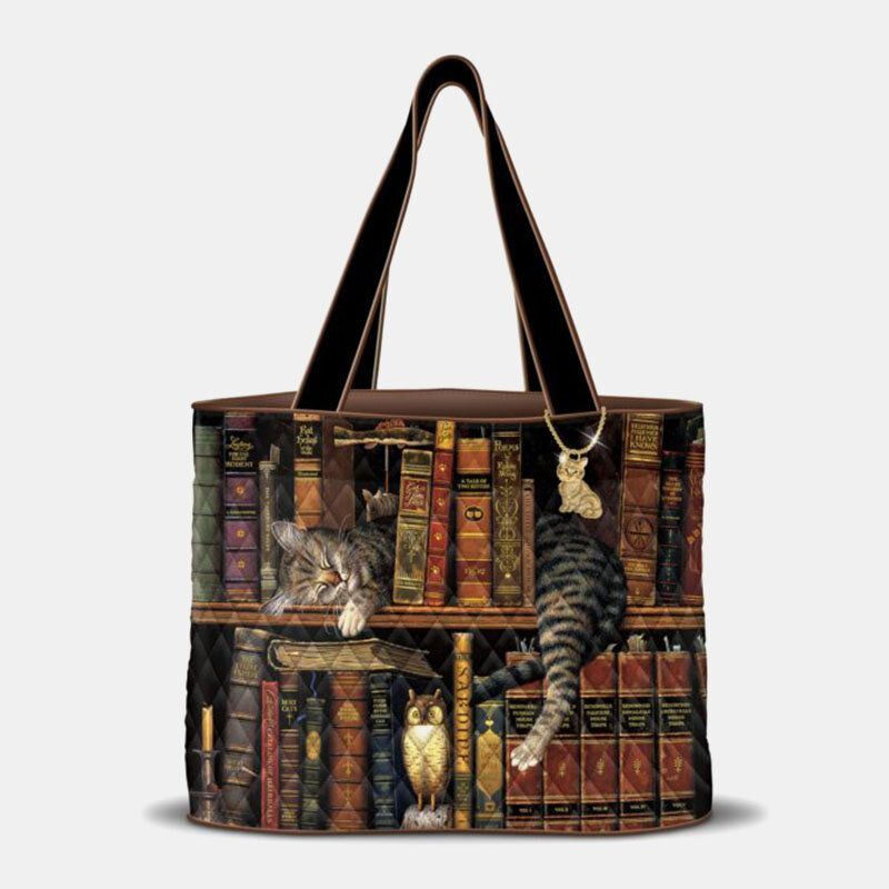 Dames Leuke Dutje Kat Boekenplank Literaire Werken Patroon Decoratie Schoudertas Handtas Tote