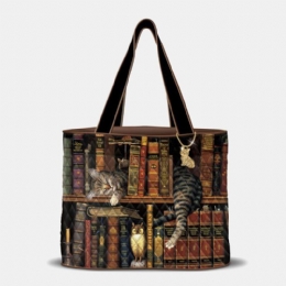 Dames Leuke Dutje Kat Boekenplank Literaire Werken Patroon Decoratie Schoudertas Handtas Tote