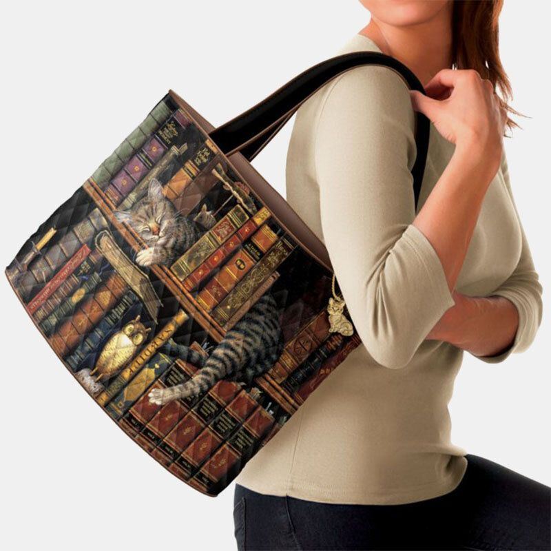 Dames Leuke Dutje Kat Boekenplank Literaire Werken Patroon Decoratie Schoudertas Handtas Tote