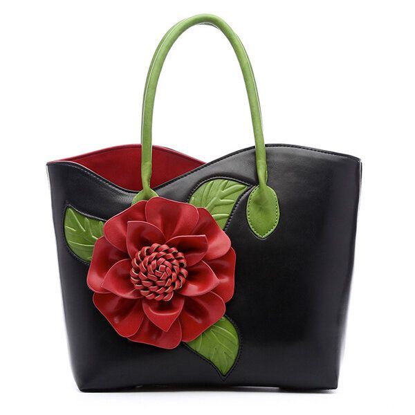 Dames Pu Lederen Bloem Decoratie Elegante Handtas Sling Bag Nationale Stijl Tote Bag