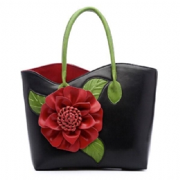 Dames Pu Lederen Bloem Decoratie Elegante Handtas Sling Bag Nationale Stijl Tote Bag