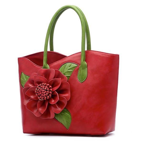 Dames Pu Lederen Bloem Decoratie Elegante Handtas Sling Bag Nationale Stijl Tote Bag