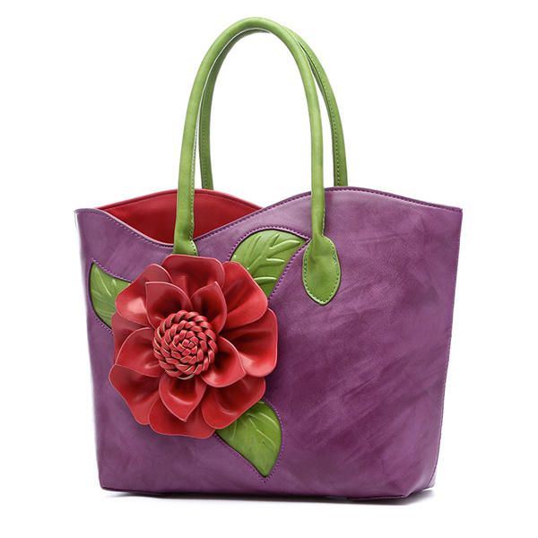 Dames Pu Lederen Bloem Decoratie Elegante Handtas Sling Bag Nationale Stijl Tote Bag