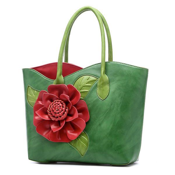 Dames Pu Lederen Bloem Decoratie Elegante Handtas Sling Bag Nationale Stijl Tote Bag