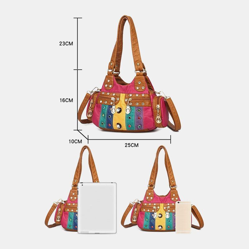 Dames Pu Lederen Strass Patchwork Waterdichte Vintage Schoudertas Handtas Tote Crossbody Tassen