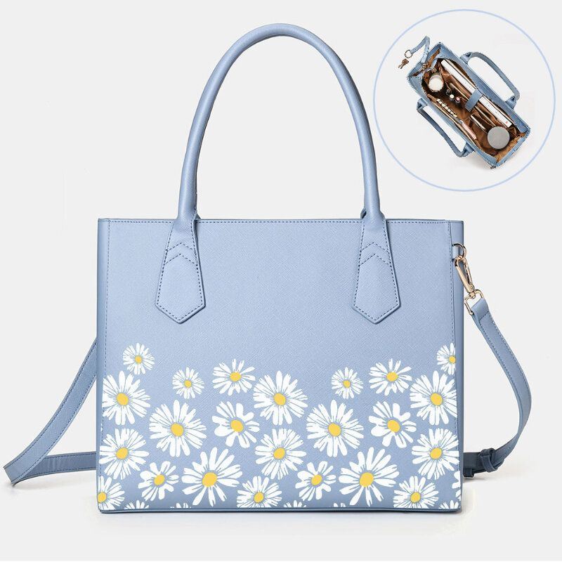 Dames Pu-leer Daisy Multifunctionele Multi-pocket 13.3 Inch Laptop Sleutel Handtas Schoudertas