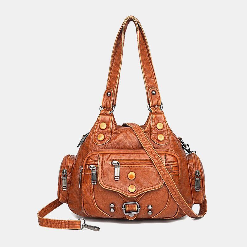 Dames Pu Leer Grote Capaciteit Multi-pocket Klinknagel Decoratie Retro Zachte Tote Handtassen Crossbody Tassen