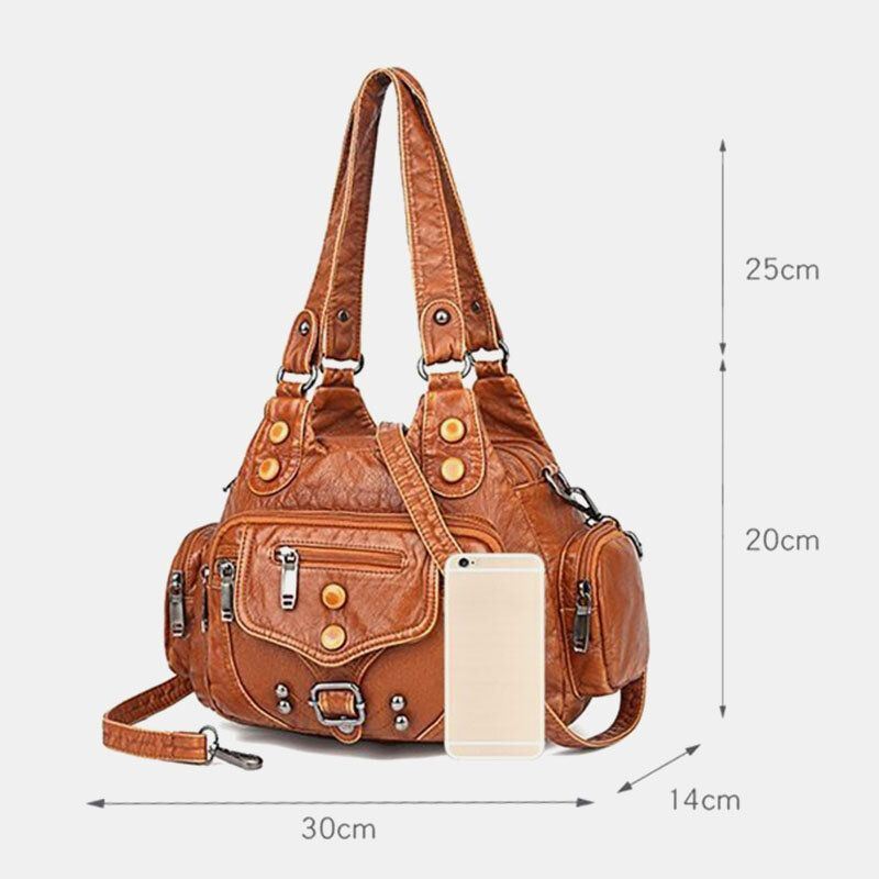 Dames Pu Leer Grote Capaciteit Multi-pocket Klinknagel Decoratie Retro Zachte Tote Handtassen Crossbody Tassen