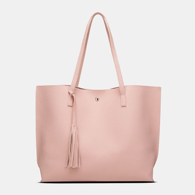 Dames Pu-leer Lychee-patroon Grote Capaciteit Casual Tassel Solid Tote Schoudertas Handtas