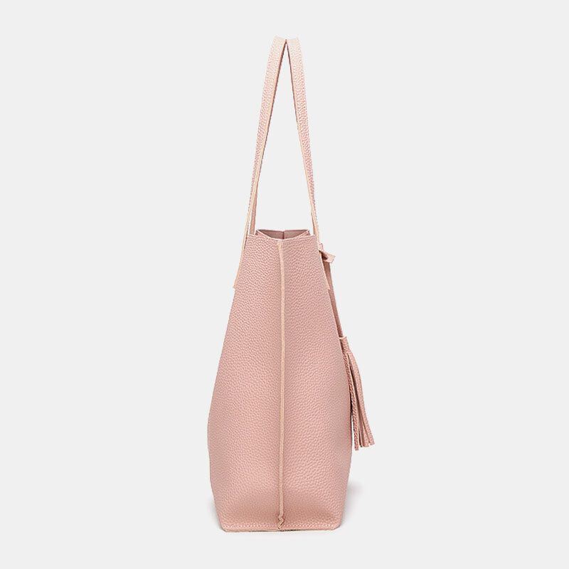 Dames Pu-leer Lychee-patroon Grote Capaciteit Casual Tassel Solid Tote Schoudertas Handtas