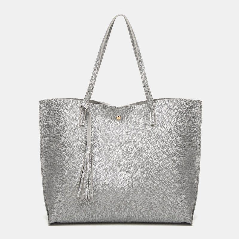 Dames Pu-leer Lychee-patroon Grote Capaciteit Casual Tassel Solid Tote Schoudertas Handtas