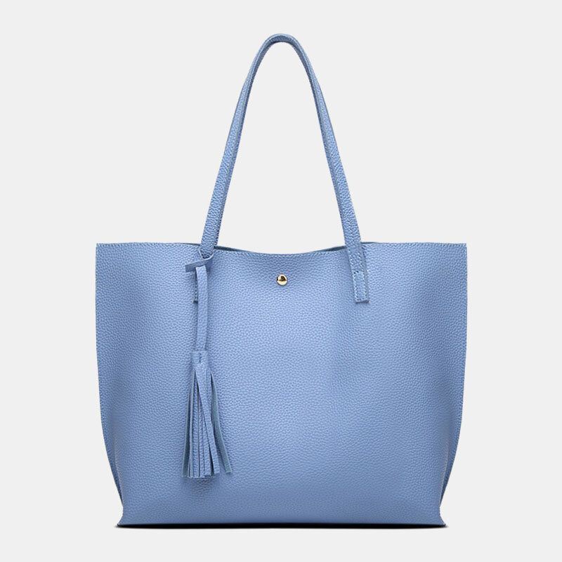 Dames Pu-leer Lychee-patroon Grote Capaciteit Casual Tassel Solid Tote Schoudertas Handtas