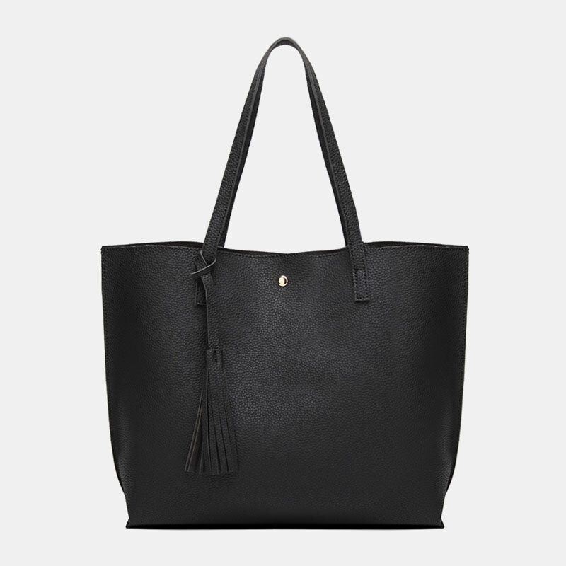 Dames Pu-leer Lychee-patroon Grote Capaciteit Casual Tassel Solid Tote Schoudertas Handtas