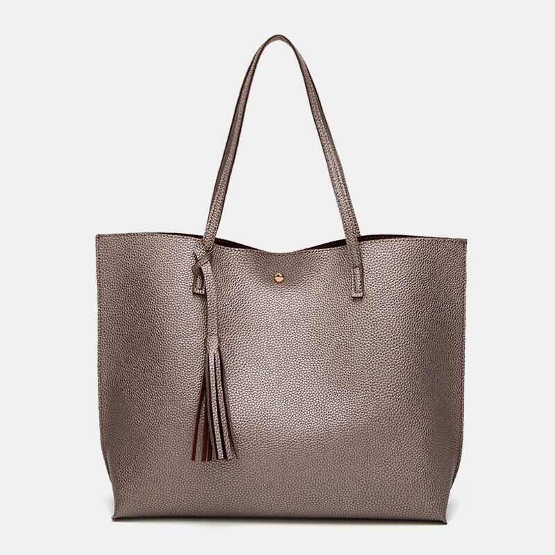 Dames Pu-leer Lychee-patroon Grote Capaciteit Casual Tassel Solid Tote Schoudertas Handtas