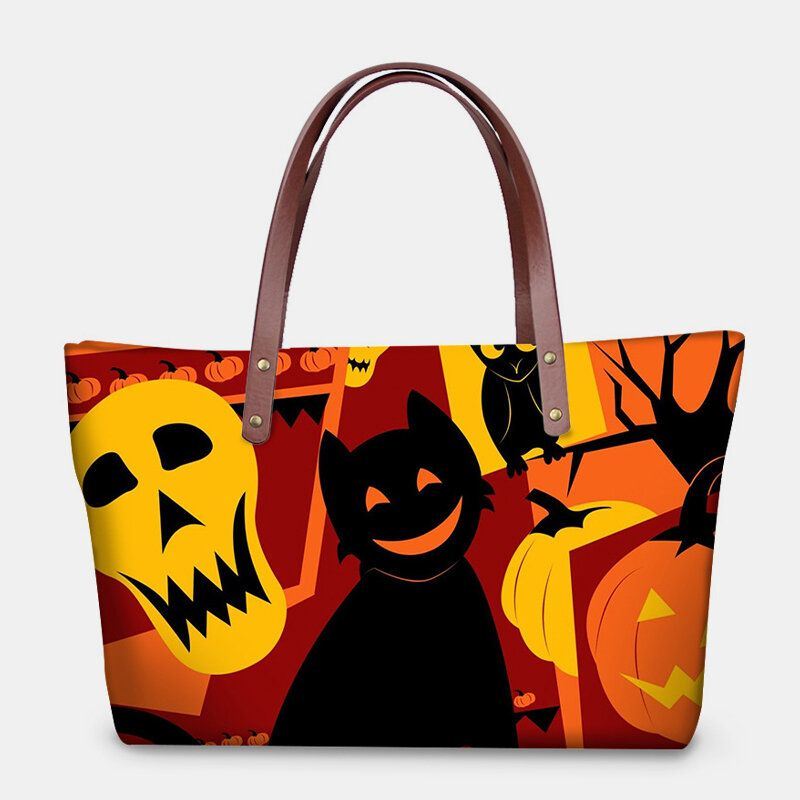 Dames Pu Leer Neopreen Halloween Stijl Pompoen Schedel Festival Patroon Grote Capaciteit Mom Tas Student Schoudertas Handtas