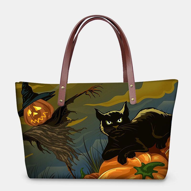 Dames Pu Leer Neopreen Halloween Stijl Pompoen Schedel Festival Patroon Grote Capaciteit Mom Tas Student Schoudertas Handtas