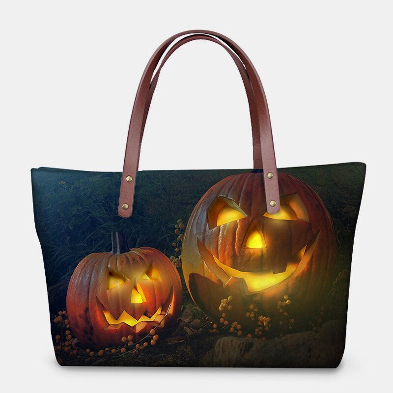 Dames Pu Leer Neopreen Halloween Stijl Pompoen Schedel Festival Patroon Grote Capaciteit Mom Tas Student Schoudertas Handtas