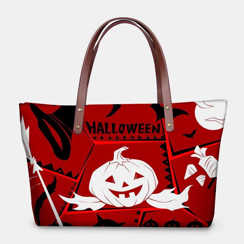 Dames Pu Leer Neopreen Halloween Stijl Pompoen Schedel Festival Patroon Grote Capaciteit Mom Tas Student Schoudertas Handtas