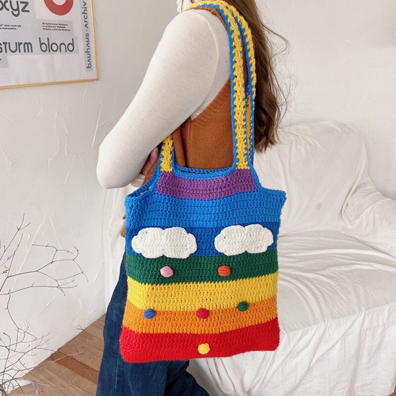 Dames Regenboog Streep Cartoon Leuke Casual Jeugd Wol Gebreide Tas Handtas Tote Crossbody Tas