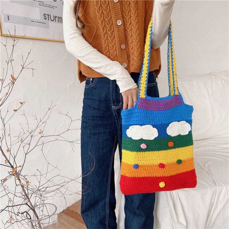 Dames Regenboog Streep Cartoon Leuke Casual Jeugd Wol Gebreide Tas Handtas Tote Crossbody Tas