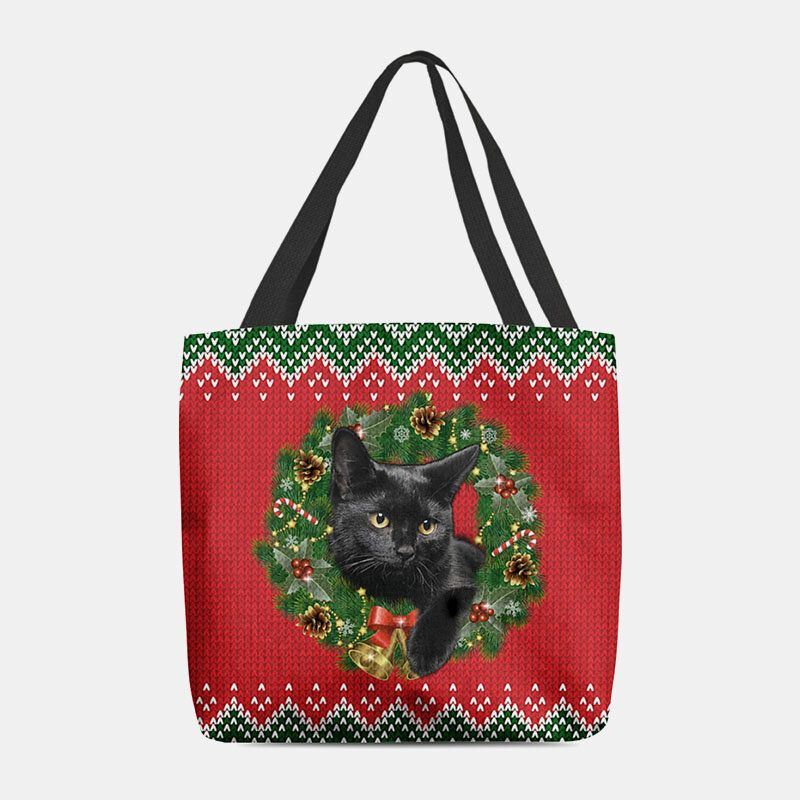 Dames Vilt Cartoon Feestelijke Klassieke Kleur Kerstkrans Kat Patroon Schoudertas Handtas Tote