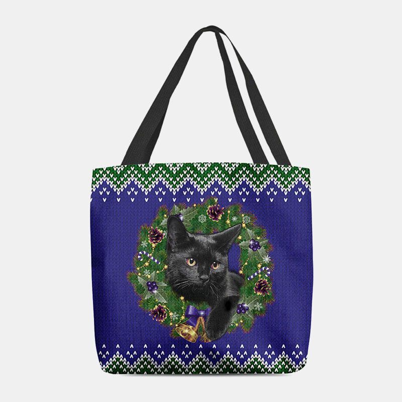 Dames Vilt Cartoon Feestelijke Klassieke Kleur Kerstkrans Kat Patroon Schoudertas Handtas Tote