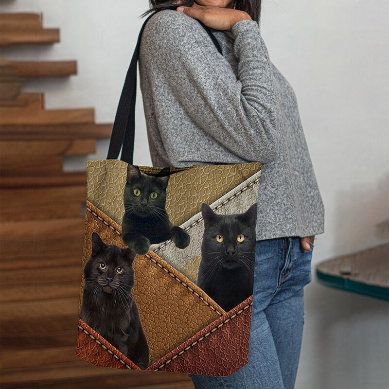 Dames Vilt Katten Patroon Patchwork Afdrukken Handtas Schoudertas Tote