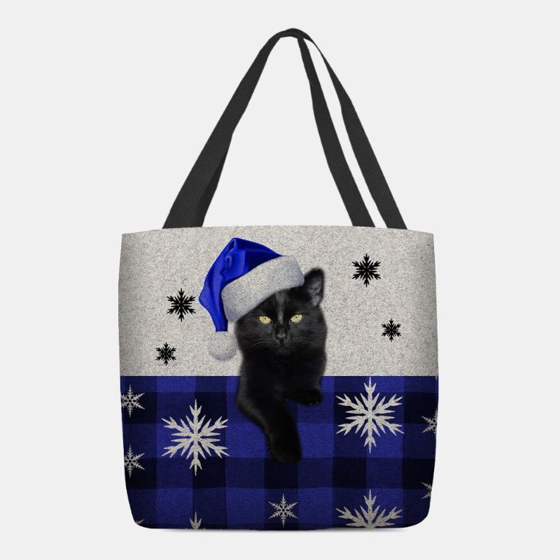 Dames Vilt Leuke Cartoon Feestelijke Kerst Geklede Kat Sneeuwvlok Patroon Schoudertas Handtas Tote