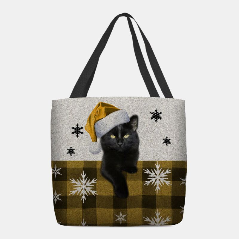 Dames Vilt Leuke Cartoon Feestelijke Kerst Geklede Kat Sneeuwvlok Patroon Schoudertas Handtas Tote