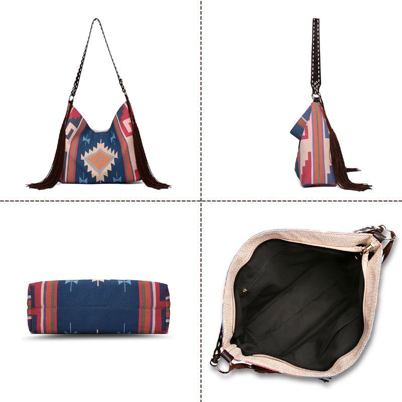 Dames Vilten Vintage Geometrie Patroon Grote Capaciteit Schoudertas Tote Handtas Met Kwastje