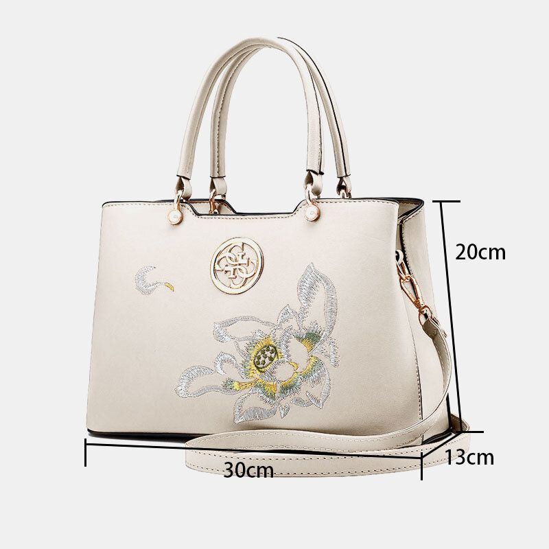 Dames Vintage Chinese Stijl Gardenia Bloem Geborduurde Handtas Grote Capaciteit Multi-pocket Multi-carry Pu Leahter Crossbody Tas