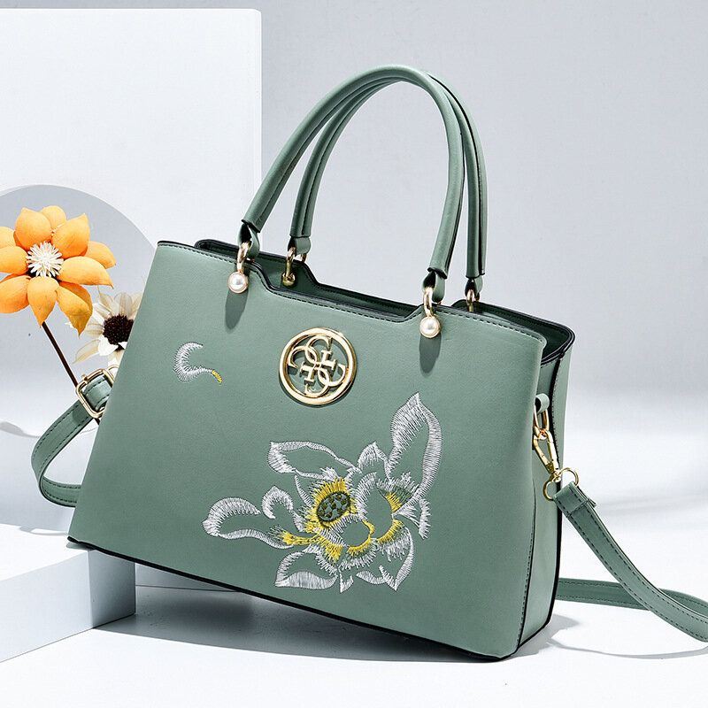 Dames Vintage Chinese Stijl Gardenia Bloem Geborduurde Handtas Grote Capaciteit Multi-pocket Multi-carry Pu Leahter Crossbody Tas