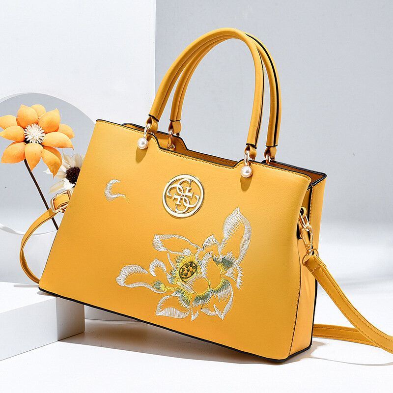 Dames Vintage Chinese Stijl Gardenia Bloem Geborduurde Handtas Grote Capaciteit Multi-pocket Multi-carry Pu Leahter Crossbody Tas