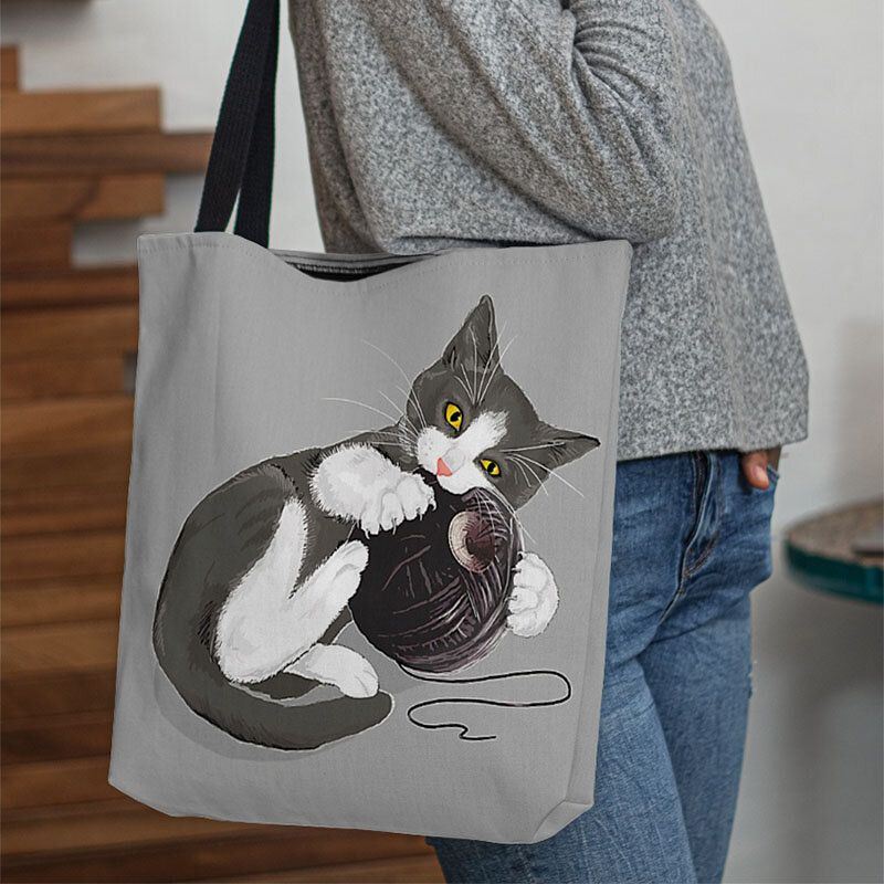 Dames Voelde Leuke Cartoon Kat Spelen Wol Bal Afdrukken Patroon Casual Schoudertas Handtas Tote