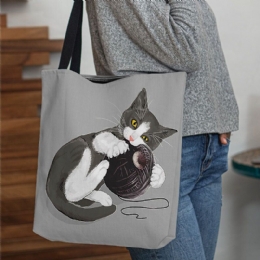 Dames Voelde Leuke Cartoon Kat Spelen Wol Bal Afdrukken Patroon Casual Schoudertas Handtas Tote