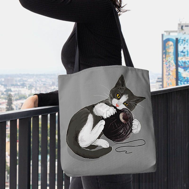 Dames Voelde Leuke Cartoon Kat Spelen Wol Bal Afdrukken Patroon Casual Schoudertas Handtas Tote