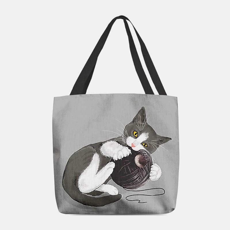 Dames Voelde Leuke Cartoon Kat Spelen Wol Bal Afdrukken Patroon Casual Schoudertas Handtas Tote