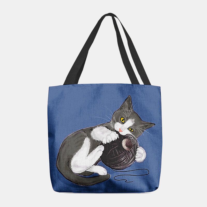 Dames Voelde Leuke Cartoon Kat Spelen Wol Bal Afdrukken Patroon Casual Schoudertas Handtas Tote