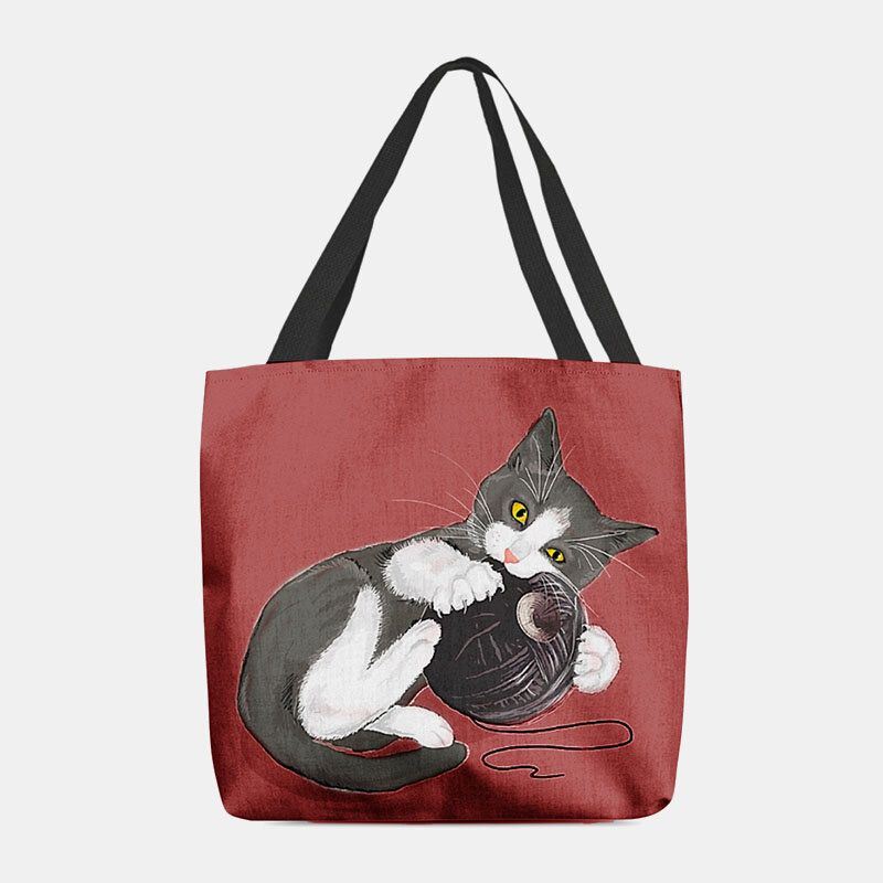 Dames Voelde Leuke Cartoon Kat Spelen Wol Bal Afdrukken Patroon Casual Schoudertas Handtas Tote