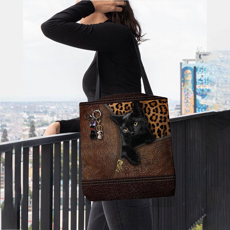 Dames Voelden Leuke 3d Driedimensionale Cartoon Zwarte Kat Hanger Patroon Schoudertas Handtas Tote